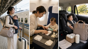 新幹線・飛行機・車で移動している赤ちゃん連れ家族
